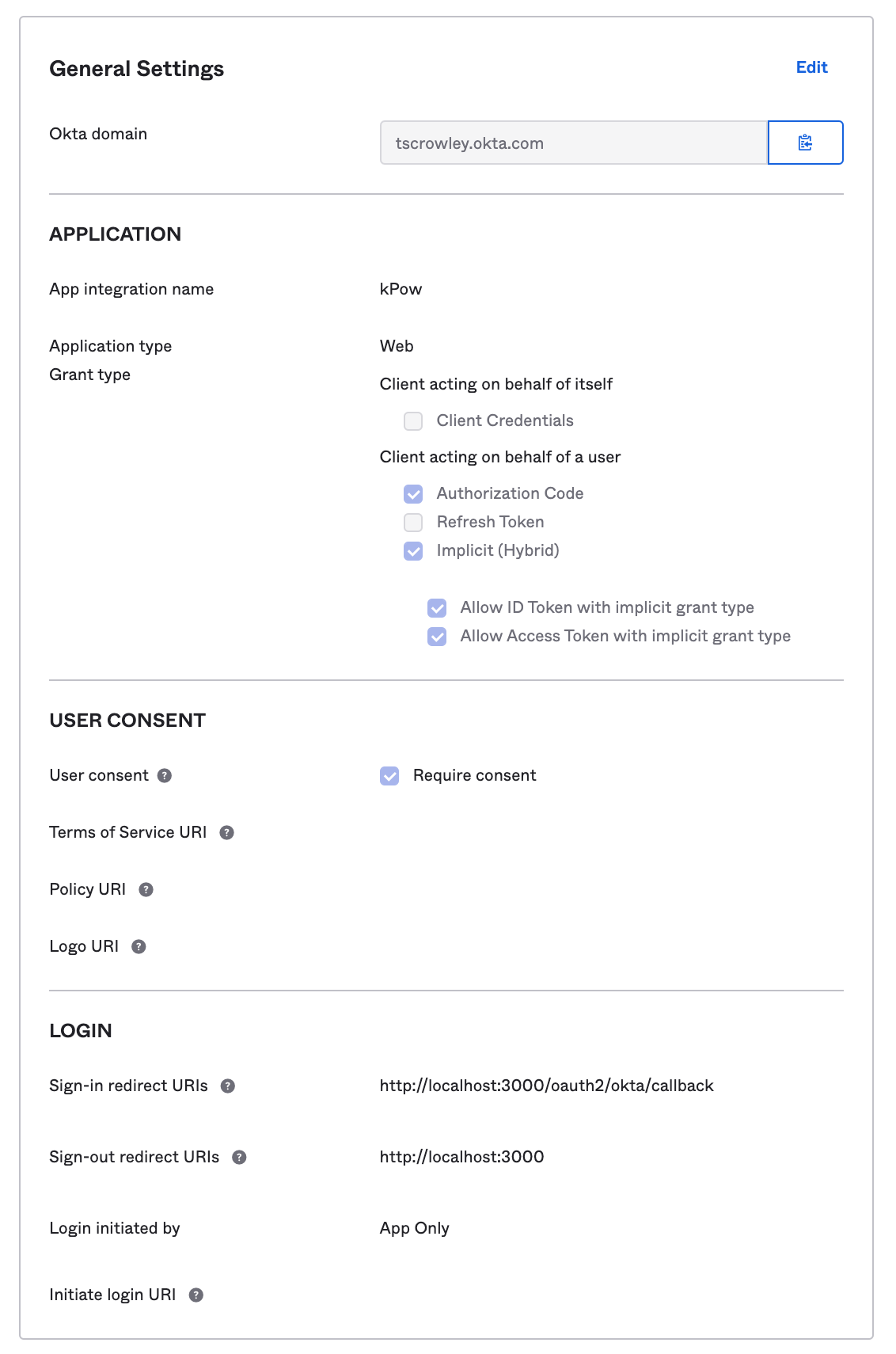 Okta OpenID Connect application setup for props.productName